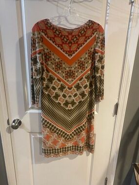 Dress Barn Orange and Olive Patterned Long Sleeve Sheath Dress